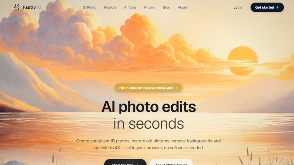 5 - Sunset landscape with orange clouds, mountains, and a calm lake—hero header for AI photo editing service