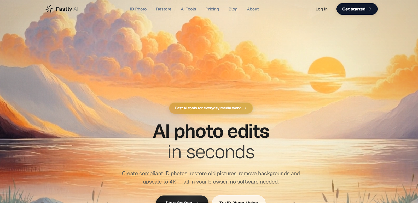 5 - Sunset landscape with orange clouds, mountains, and a calm lake—hero header for AI photo editing service