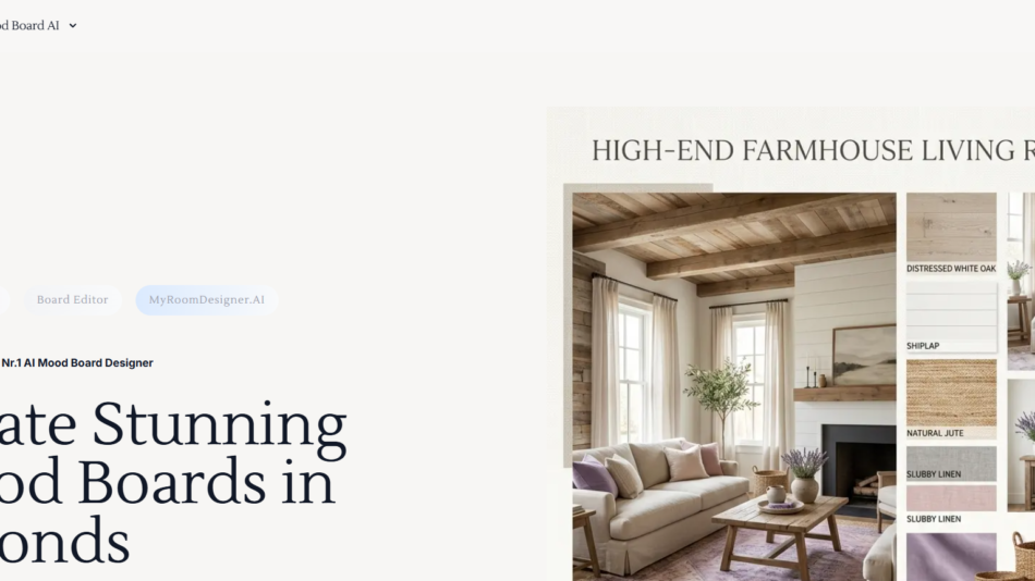 Hero section with the headline 'Create Stunning Mood Boards in Seconds' on the left and a right-side collage of a farmhouse living room mood board.