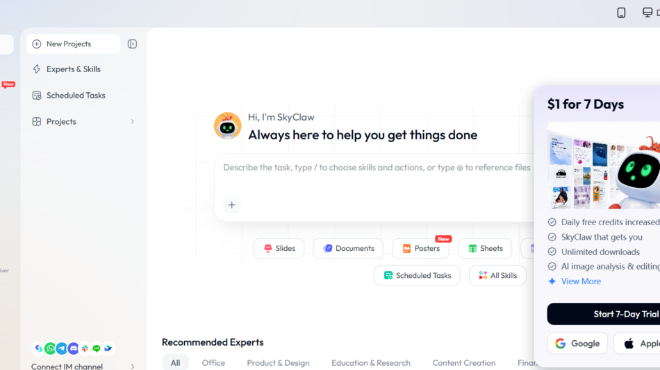 Skywork app dashboard with left navigation, central chat prompt, and a right-side promo card for a 7-day trial
