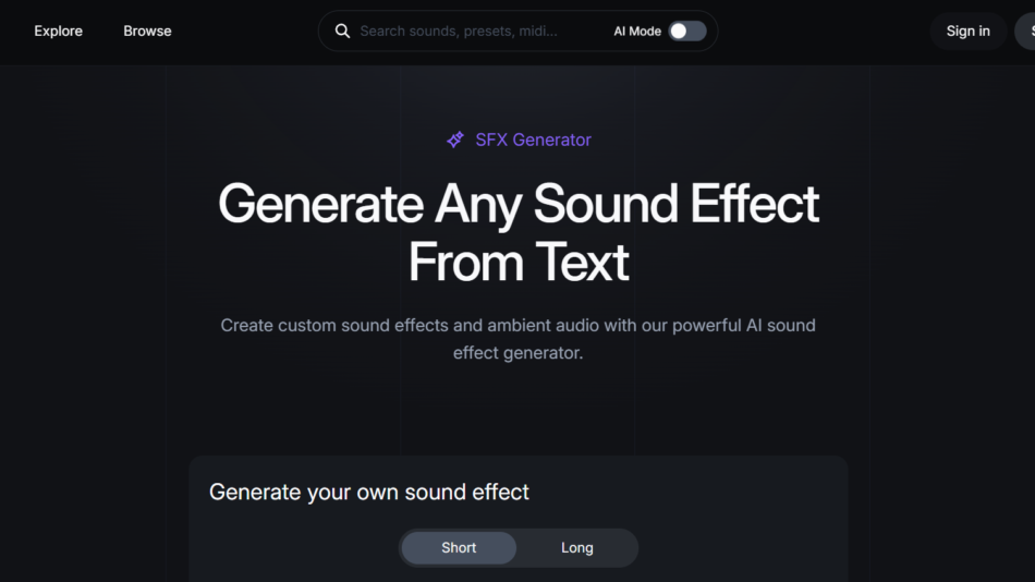 Hero banner showing bold headline 'Generate Any Sound Effect From Text' on a dark gradient background with 'SFX Generator' label above. Navigation bar visible at top.
