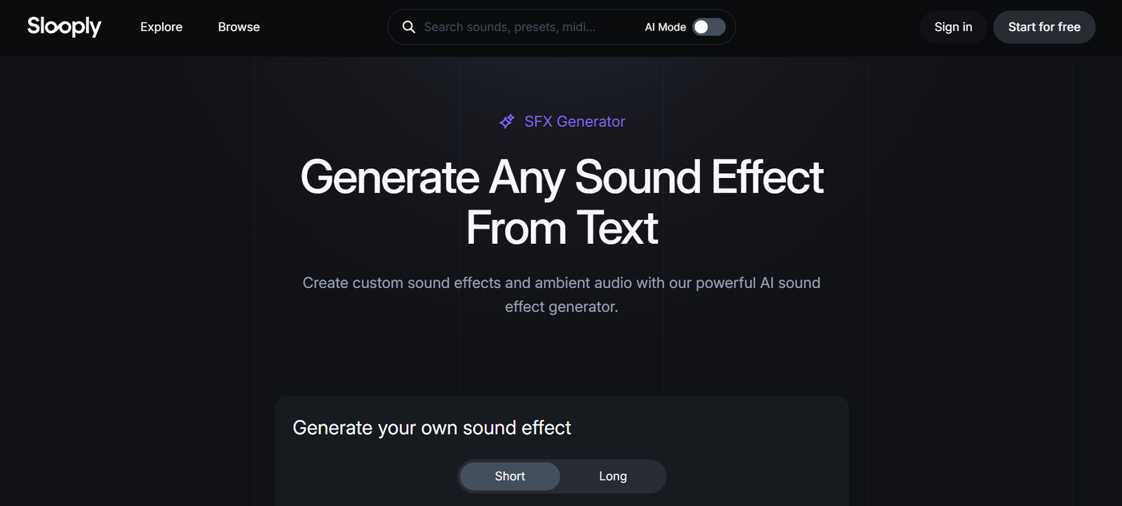 5 - Hero banner showing bold headline 'Generate Any Sound Effect From Text' on a dark gradient background with 'SFX Generator' label above. Navigation bar visible at top.
