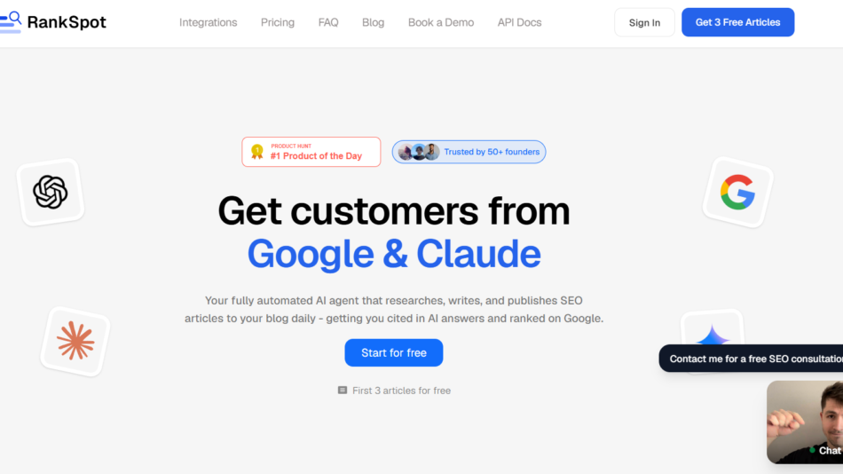 5 - Hero banner stating 'Get customers from Google & Claude' with a blue 'Start for free' button on RankSpot homepage.