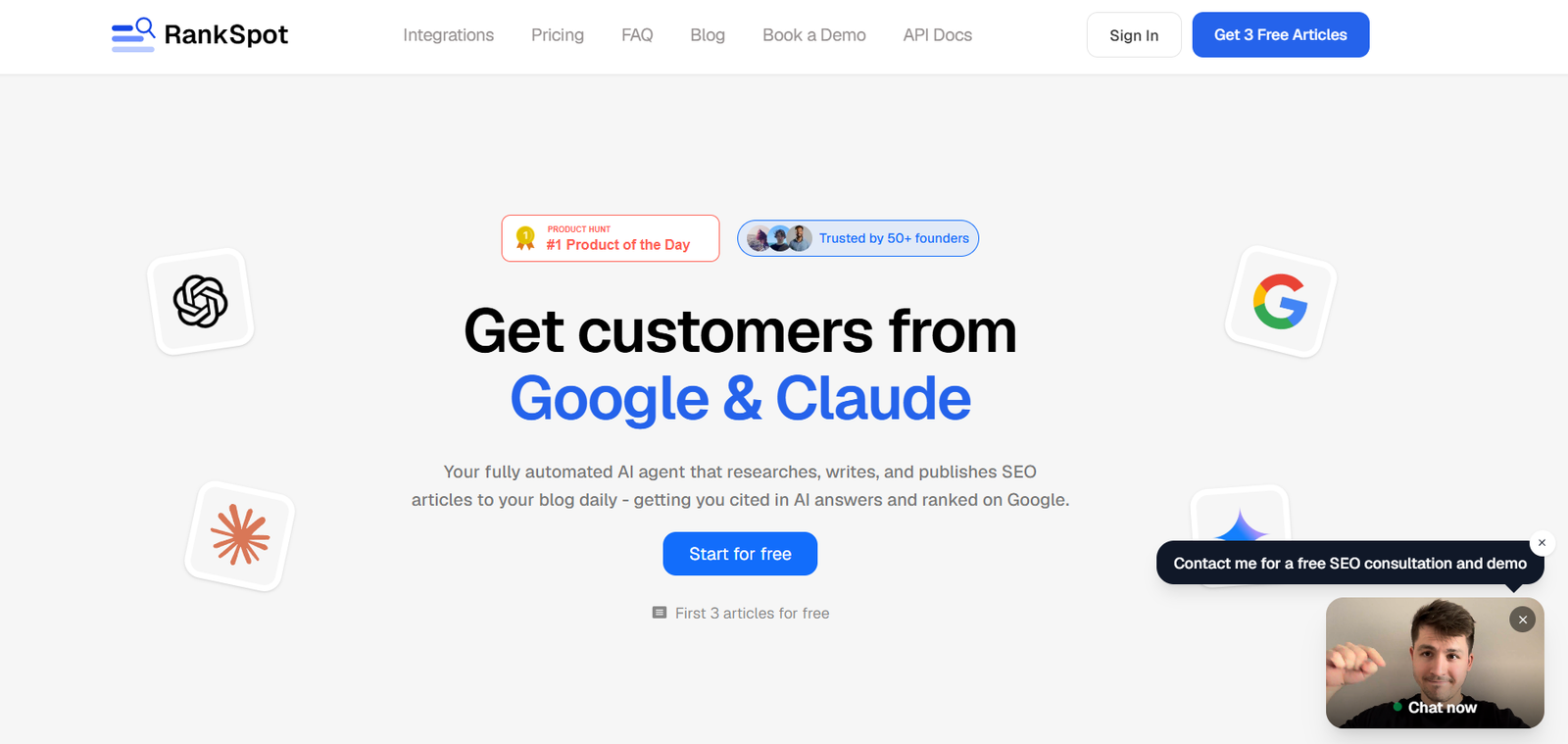 5 - Hero banner stating 'Get customers from Google & Claude' with a blue 'Start for free' button on RankSpot homepage.