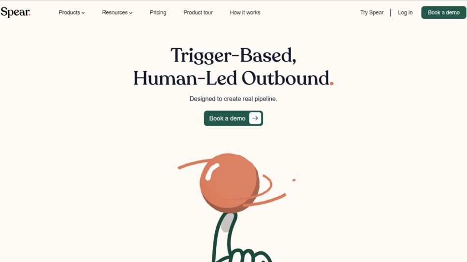 50 - Hero banner with headline 'Trigger-Based, Human-Led Outbound' and a green 'Book a demo' button; abstract orange illustration in the background.