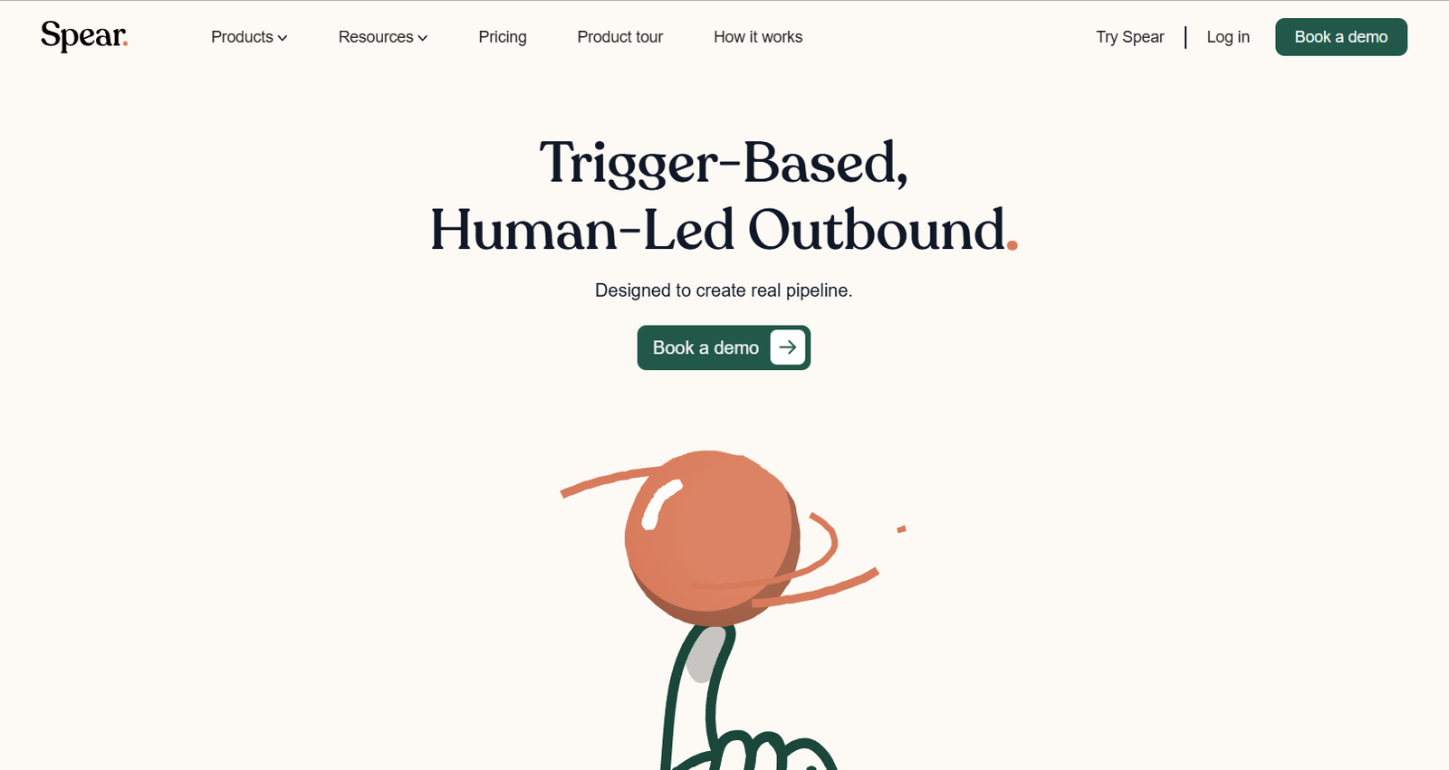 50 - Hero banner with headline 'Trigger-Based, Human-Led Outbound' and a green 'Book a demo' button; abstract orange illustration in the background.