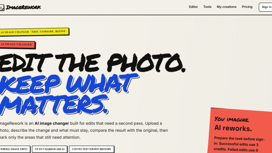 50 - Hero banner with the slogan 'Edit the photo. Keep what matters.' in bold black and blue handwritten text, on a beige dotted background, plus yellow and red callouts and navigation at the top.