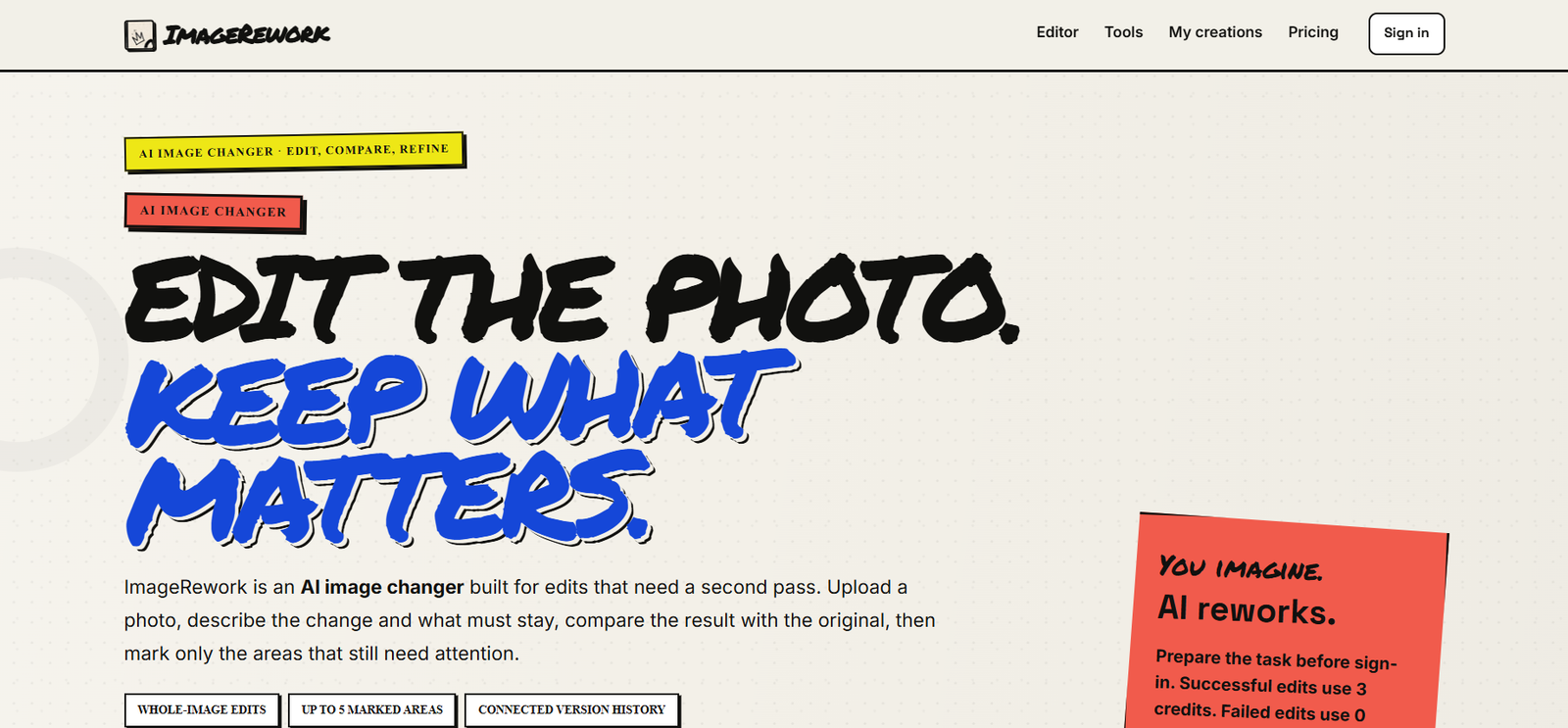 50 - Hero banner with the slogan 'Edit the photo. Keep what matters.' in bold black and blue handwritten text, on a beige dotted background, plus yellow and red callouts and navigation at the top.