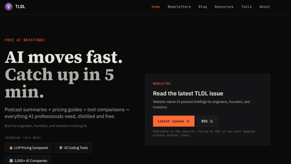 50 - Dark homepage hero on TLDL showing the large beige headline 'AI moves fast. Catch up in 5 min.' with intro text, a top navigation bar, and a right-side newsletter promo card.