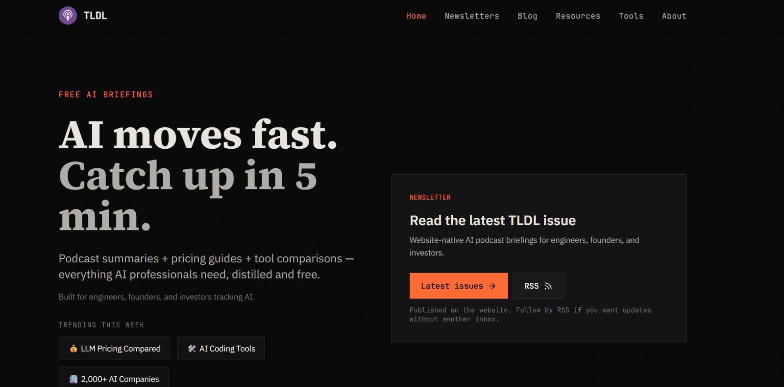 50 - Dark homepage hero on TLDL showing the large beige headline 'AI moves fast. Catch up in 5 min.' with intro text, a top navigation bar, and a right-side newsletter promo card.