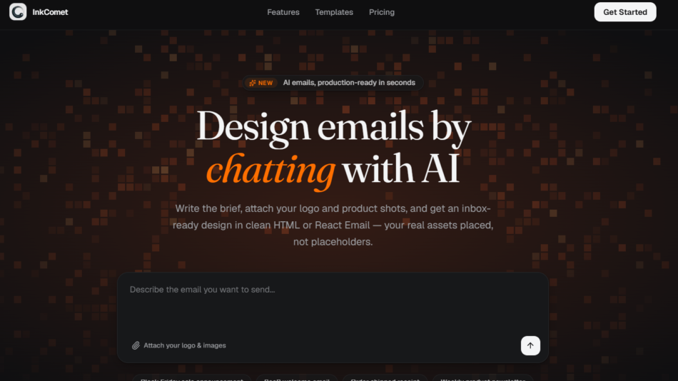 Hero banner with a dark pixel background and the headline 'Design emails by chatting with AI' on a marketing site