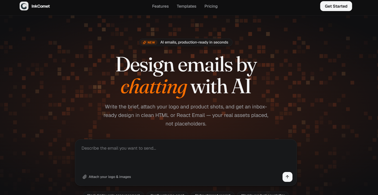 50 - Hero banner with a dark pixel background and the headline 'Design emails by chatting with AI' on a marketing site