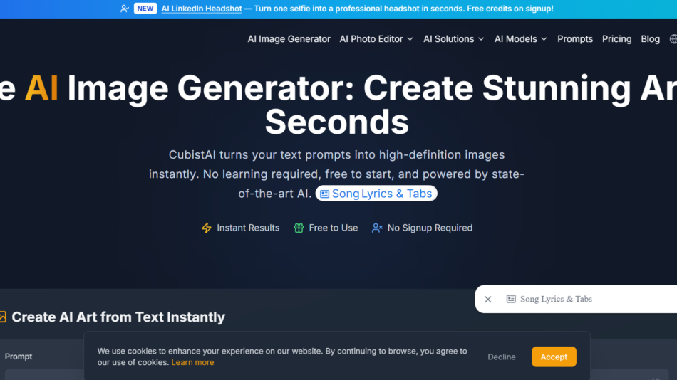 51 - Hero section on CubistAI site: large headline 'Free AI Image Generator: Create Stunning Art in Seconds' over a dark blue gradient background with description text below and a navbar above.