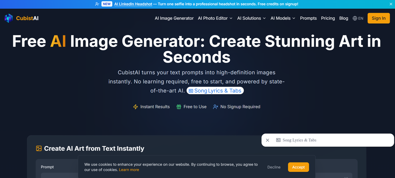 51 - Hero section on CubistAI site: large headline 'Free AI Image Generator: Create Stunning Art in Seconds' over a dark blue gradient background with description text below and a navbar above.