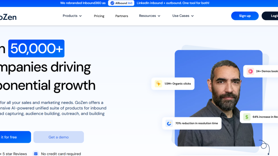51 - GoZen hero banner: 'Join 50,000+ companies driving exponential growth' with a bearded man and floating KPI bubbles (clicks, demos, revenue).