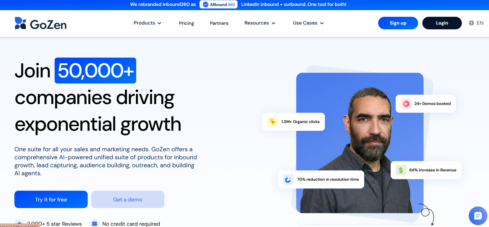 51 - GoZen hero banner: 'Join 50,000+ companies driving exponential growth' with a bearded man and floating KPI bubbles (clicks, demos, revenue).