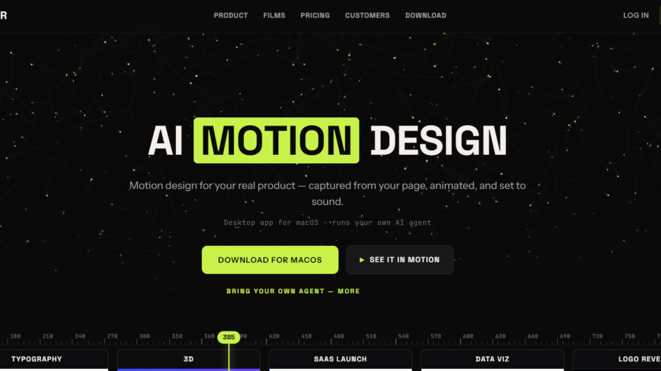 51 - Dark website hero showcasing 'AI MOTION DESIGN' with a neon lime highlight on 'MOTION', background of glowing lines, and two call-to-action buttons: 'DOWNLOAD FOR MACOS' and 'SEE IT IN MOTION'