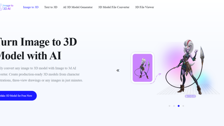 51 - Hero section with the headline 'Turn Image to 3D Model with AI' and a right-side fantasy 3D character rendering, plus a blue call-to-action button beneath a descriptive paragraph.