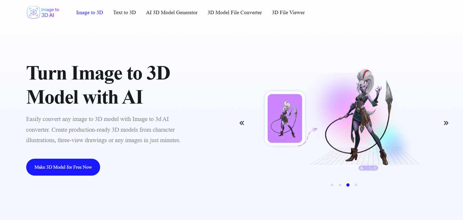 51 - Hero section with the headline 'Turn Image to 3D Model with AI' and a right-side fantasy 3D character rendering, plus a blue call-to-action button beneath a descriptive paragraph.