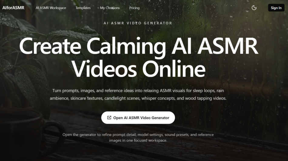 52 - Hero banner announcing an AI ASMR video generator over a rainy window background.