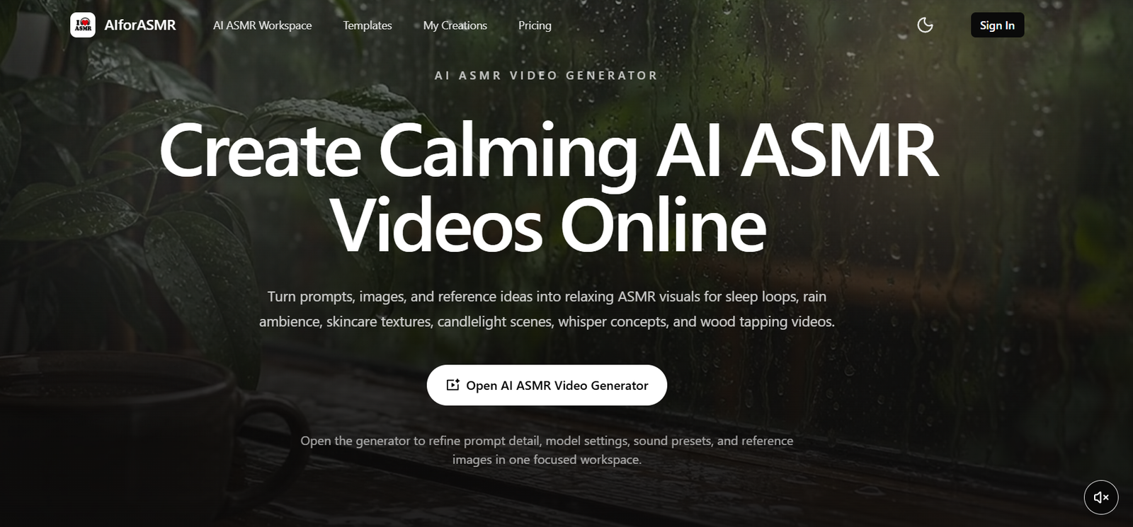 52 - Hero banner announcing an AI ASMR video generator over a rainy window background.