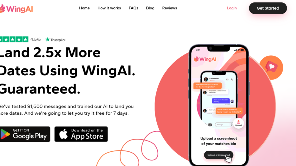 Hero section for WingAI: bold black headline on the left, phone app mockup on the right, decorative orange circles, and navigation bar at the top.