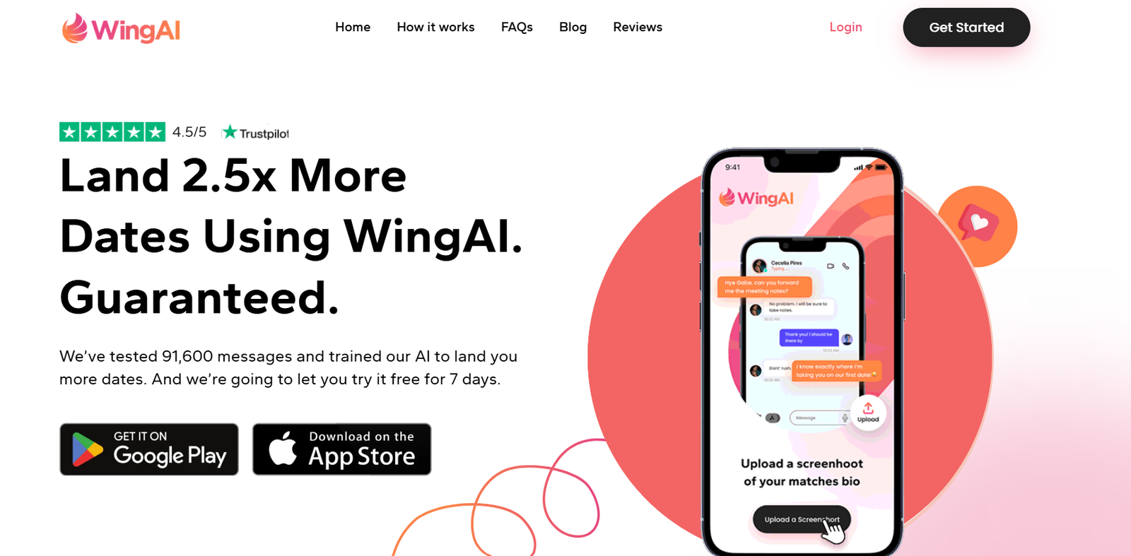 52 - Hero section for WingAI: bold black headline on the left, phone app mockup on the right, decorative orange circles, and navigation bar at the top.