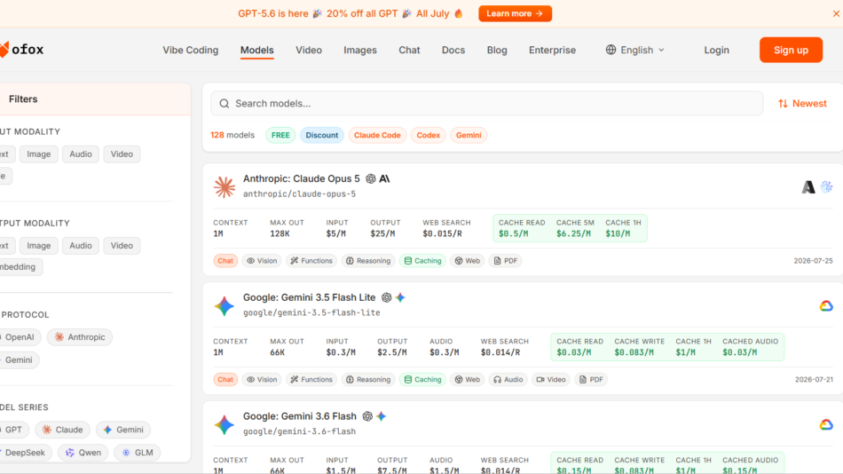 Screenshot of the OFOX models page showing a left Filters panel and a list of model cards with tags and stats on the right