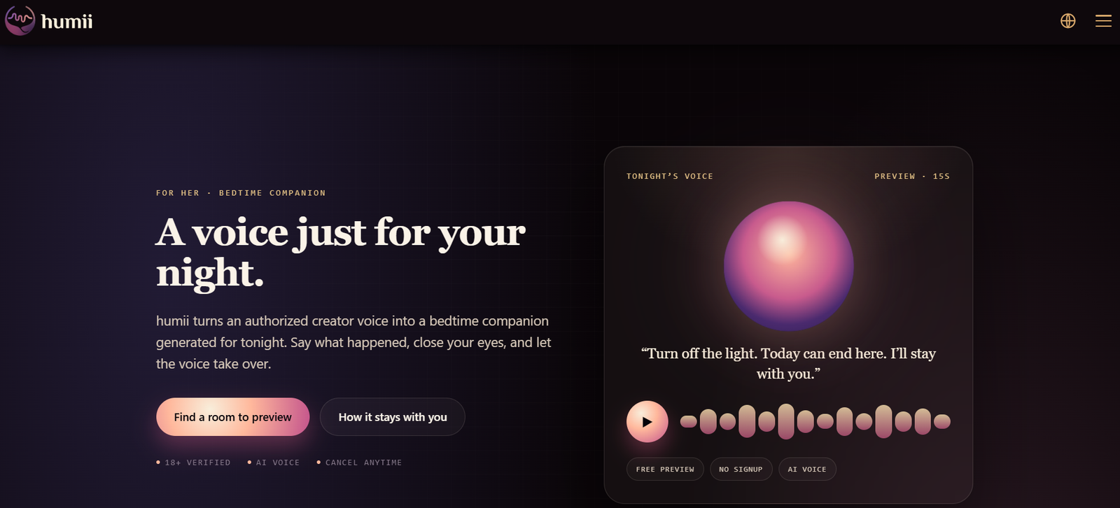 52 - Dark homepage hero with headline 'A voice just for your night.' and description about Humii as a bedtime companion; on the right, a rounded card shows a glowing purple sphere and a pink waveform.