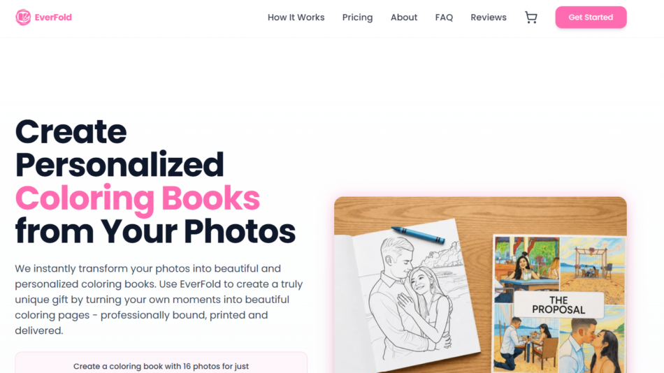 53 - Hero section showing the bold headline 'Create Personalized Coloring Books from Your Photos' with a photo of a coloring book on a wooden table to the right, on a white background.