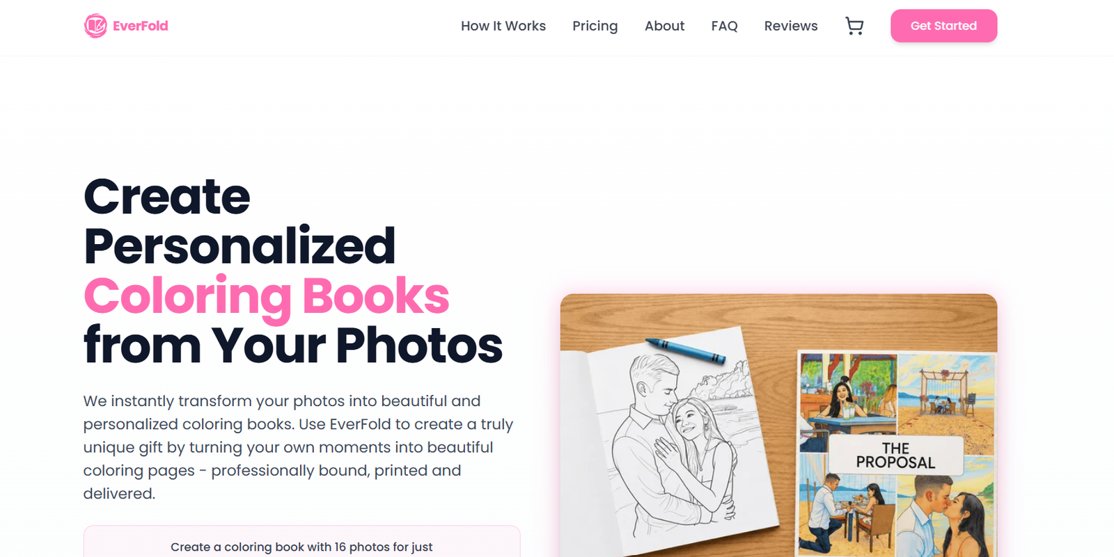 53 - Hero section showing the bold headline 'Create Personalized Coloring Books from Your Photos' with a photo of a coloring book on a wooden table to the right, on a white background.