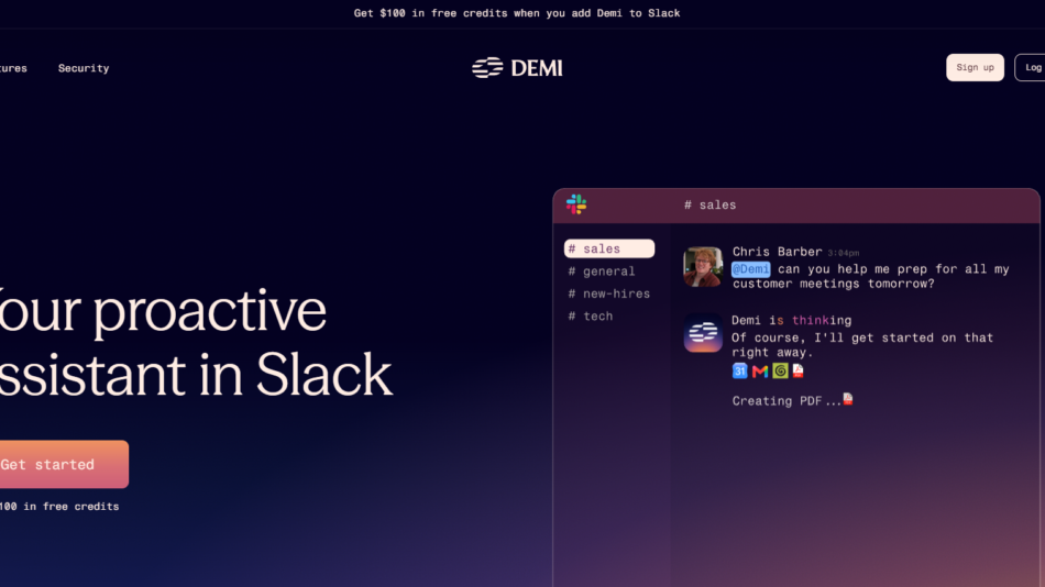 53 - Hero section: dark gradient background with logo, nav links, large serif text 'Your proactive assistant in Slack' and pink gradient 'Get started' button. A Slack-like chat mockup overlaps the right side.