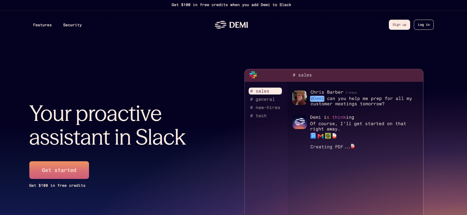 53 - Hero section: dark gradient background with logo, nav links, large serif text 'Your proactive assistant in Slack' and pink gradient 'Get started' button. A Slack-like chat mockup overlaps the right side.