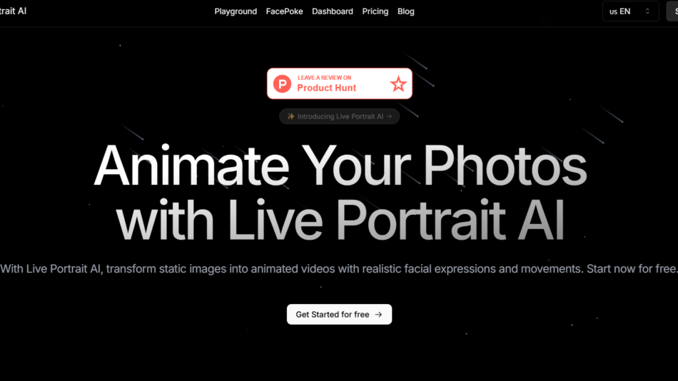 Hero banner with bold white headline 'Animate Your Photos with Live Portrait AI' on a dark background and a 'Get Started for free' button.