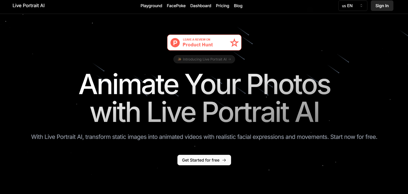 54 - Hero banner with bold white headline 'Animate Your Photos with Live Portrait AI' on a dark background and a 'Get Started for free' button.