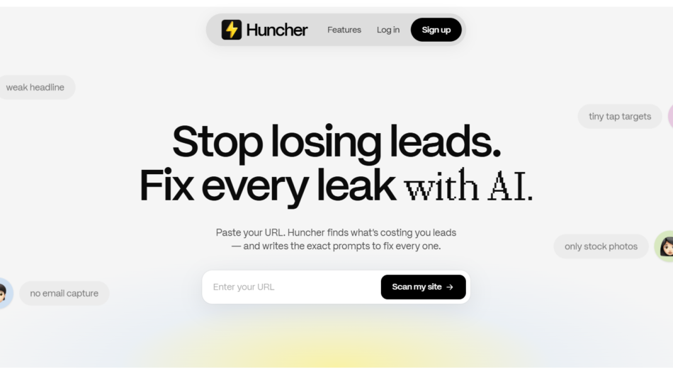 Hero section with bold 'Stop losing leads. Fix every leak with AI.' headline, an 'Enter your URL' input and a black 'Scan my site' button, surrounded by floating chat bubbles and avatars.