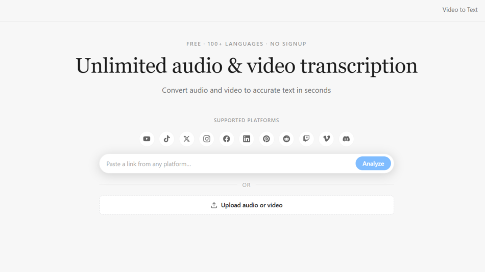 54 - Hero section for GPTScribe: headline 'Unlimited audio & video transcription' with subheading and a row of platform icons above a large 'Paste a link' input and 'Analyze' button, plus an 'Upload audio or video' area below.