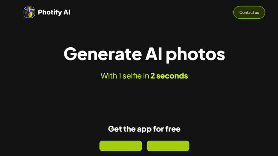 Hero banner for Photify AI: black background with logo at top-left, large 'Generate AI photos' headline and lime subtitle 'With 1 selfie in 2 seconds', plus two lime rounded download buttons below.