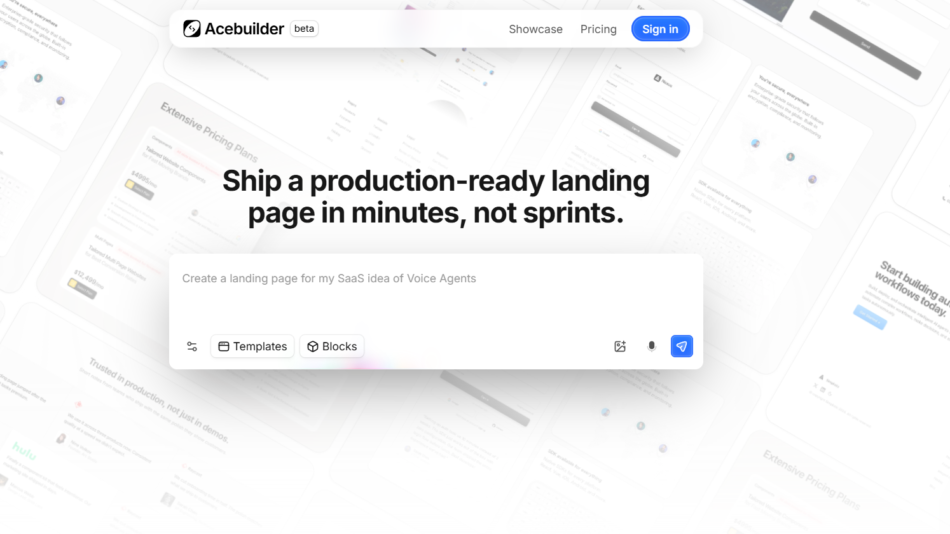 55 - Acebuilder hero: bold headline reads 'Ship a production-ready landing page in minutes, not sprints' over a blurred dashboard background.
