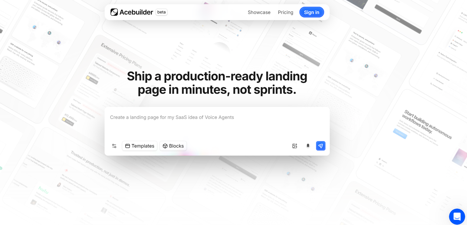 55 - Acebuilder hero: bold headline reads 'Ship a production-ready landing page in minutes, not sprints' over a blurred dashboard background.