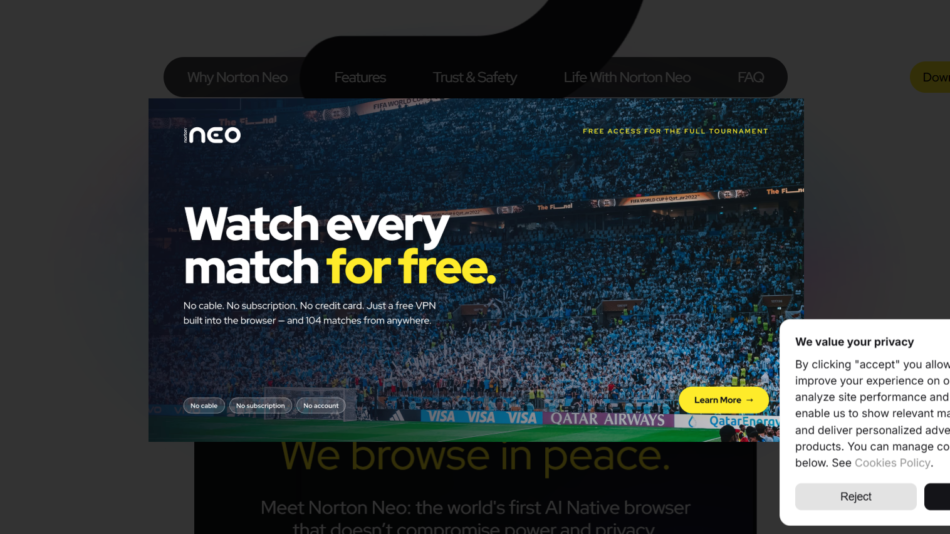 55 - Hero banner with the message "Watch every match for free" over a packed stadium crowd.