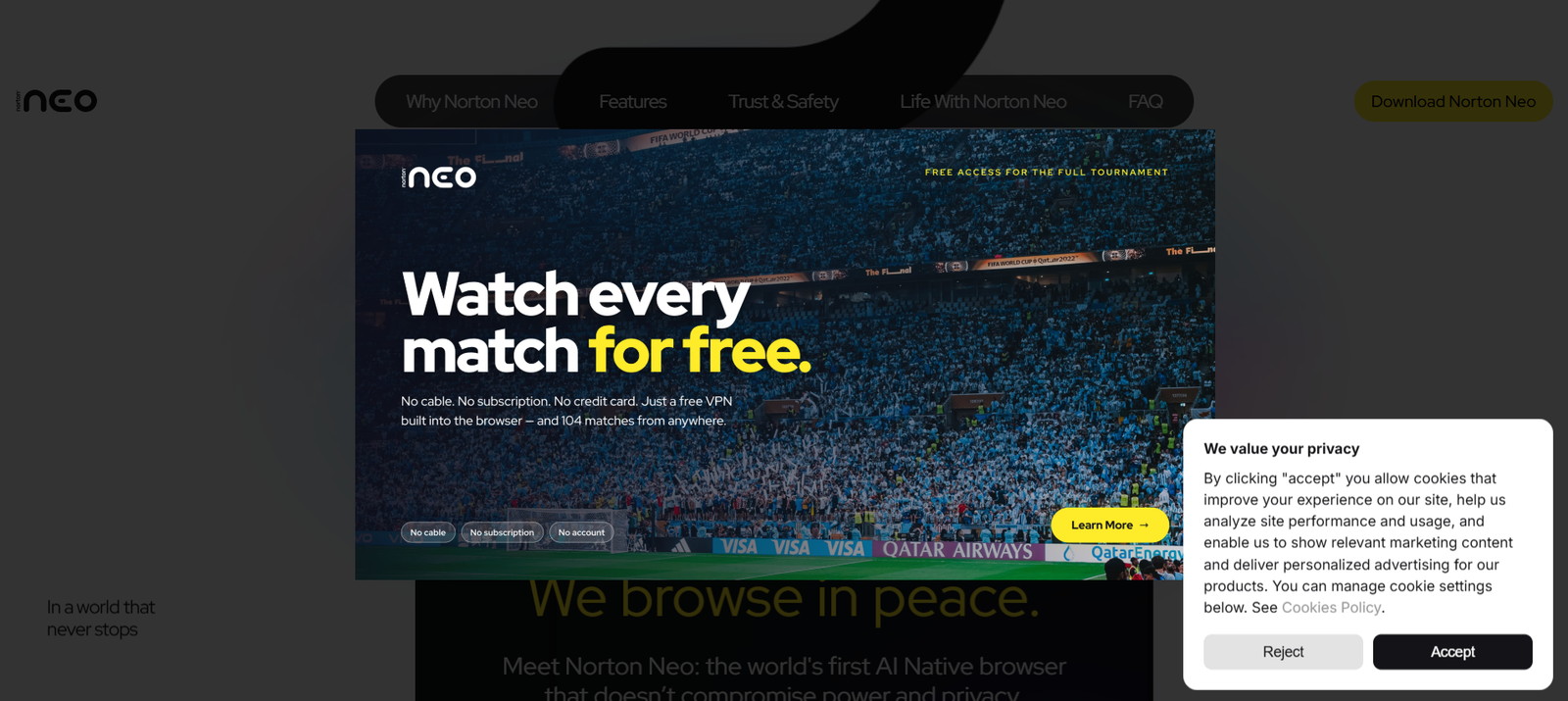 55 - Hero banner with the message "Watch every match for free" over a packed stadium crowd.