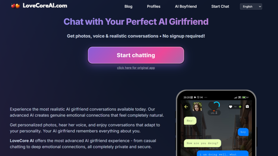 56 - Hero section promoting AI girlfriend chat: headline, subheading, prominent 'Start chatting' button, and a phone screenshot on the right.