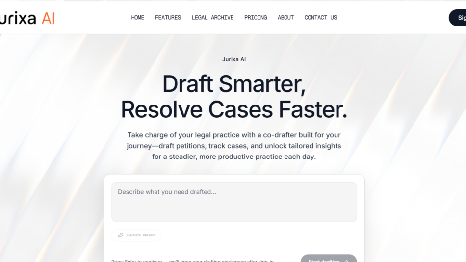56 - Hero banner for Jurixa AI: logo left, top navigation, large headline 'Draft Smarter, Resolve Cases Faster,' with subtitle about drafting cases.