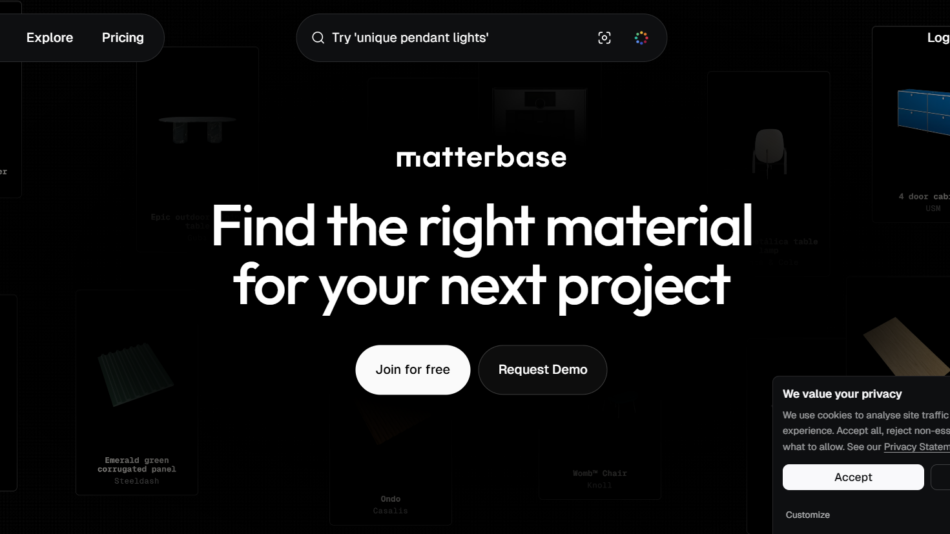 57 - Dark Matterbase homepage hero with bold white text: 'Find the right material for your next project' and two call-to-action buttons, surrounded by product cards and a cookies panel.