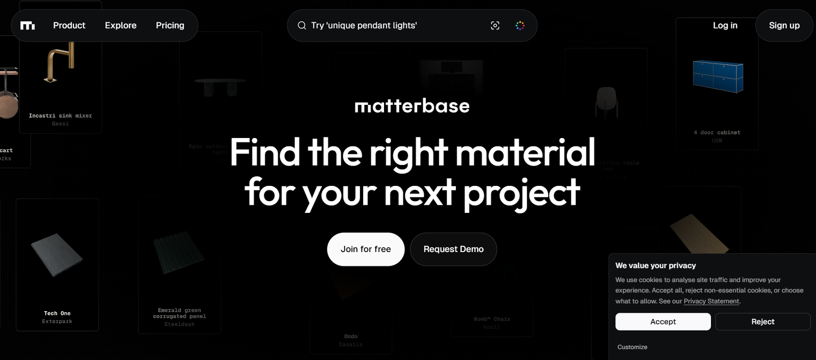 57 - Dark Matterbase homepage hero with bold white text: 'Find the right material for your next project' and two call-to-action buttons, surrounded by product cards and a cookies panel.