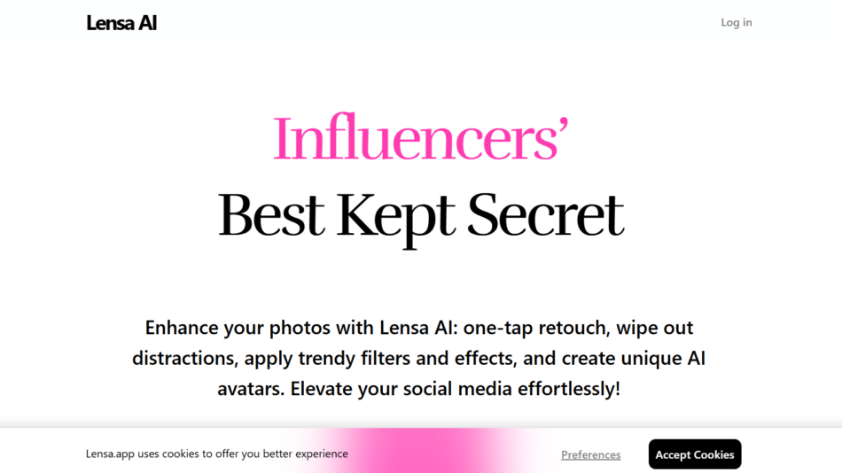 Hero section for Lensa AI: pink 'Influencers’' headline with large 'Best Kept Secret' subtitle and explanatory paragraph underneath.