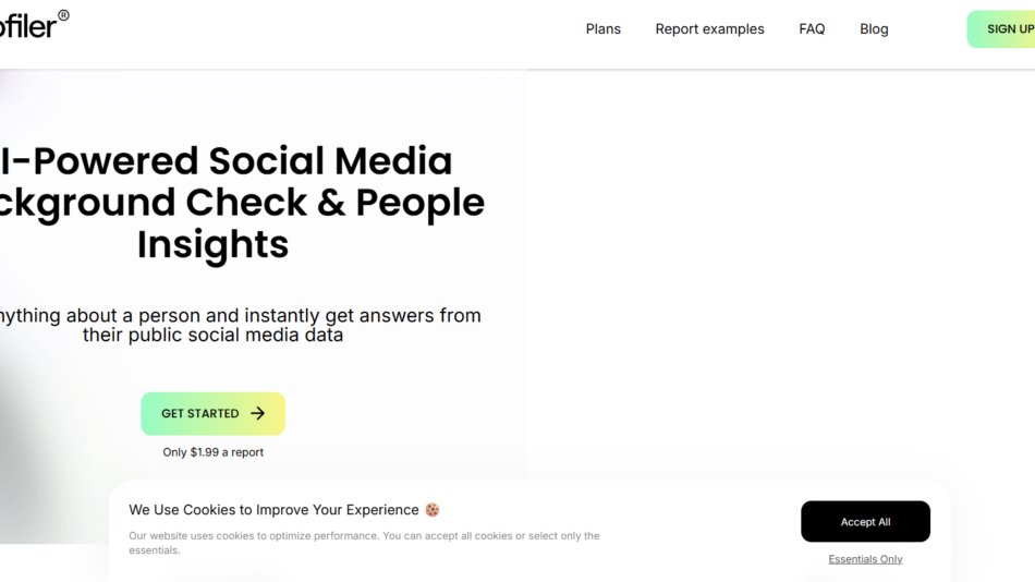 Hero section for AI-powered social media background checks and people insights with a gradient left background and a Get Started button