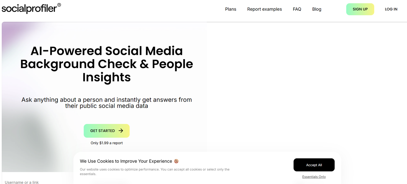 58 - Hero section for AI-powered social media background checks and people insights with a gradient left background and a Get Started button