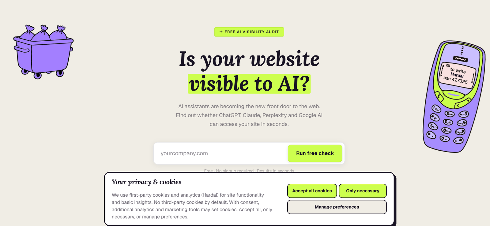 58 - Hero illustration: a purple trash can on the left and a retro pink-and-yellow mobile phone on the right surrounding the headline 'Is your website visible to AI?' in the center.